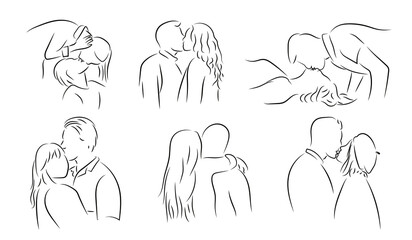 Fototapeta premium Kissing Couples Küssende Pärchen Kontur Zeichnungen Vektor Grafik Lineart
