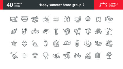 Funny summer icons, like kayak, mosquito, paradise island, hotel, lovers, flip flops, thermometer, etc. Collection of 40 stylized icons with editable stroke, ready to be used in any design project.