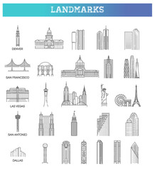 Simple linear Vector icon set representing global tourist american landmarks and travel destinations for vacations