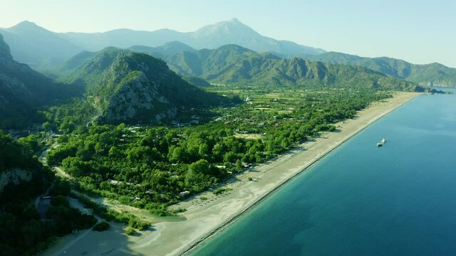 Aerial view of Cirali Beach near ancient Olympos ruins, Antalya Turkey