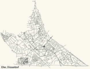 Black simple detailed street roads map on vintage beige background of the quarter Eller Stadtteil of Düsseldorf, Germany