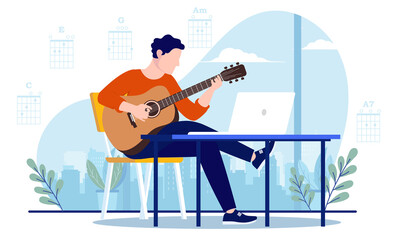 Taking guitar lessons - Man sitting in chair playing instrument in front of laptop computer. Learn guitar concept, vector illustration with white background. - obrazy, fototapety, plakaty