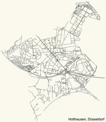 Black simple detailed street roads map on vintage beige background of the quarter Holthausen Stadtteil of Düsseldorf, Germany