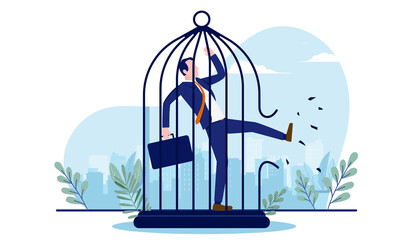Businessman breaking free - Man kicking a cage open to find freedom. Break free from work, and life change concept. Vector illustration with white background