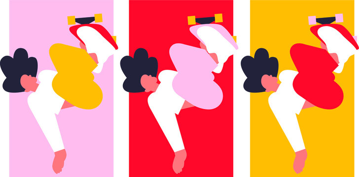 Woman on a skateboard. Vector illustration in flat style. Concept on the theme sportswoman. Cute girl riding a skateboard. Comic illustration.