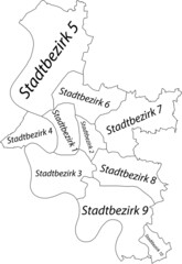 Simple blank white vector map with black borders and names of districts of Düsseldorf, Germany
