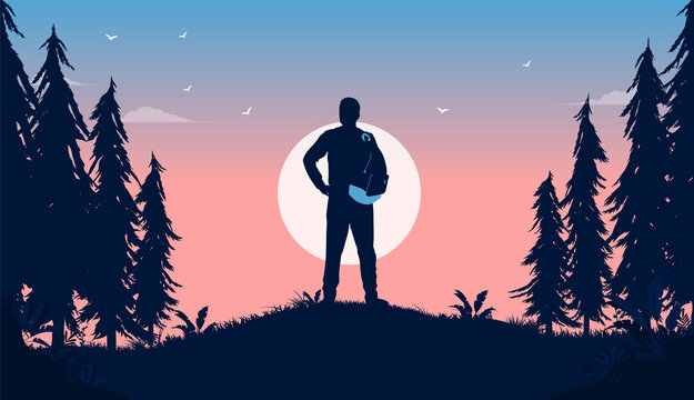 Silhouette of backpacker enjoying suset - Man outdoors in nature taking in the view, standing on top of hill at dawn. Vector illustration.