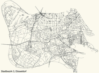 Black simple detailed street roads map on vintage beige background of the quarter Stadtbezirk 3 district of Düsseldorf, Germany