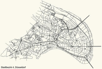 Black simple detailed street roads map on vintage beige background of the quarter Stadtbezirk 4 district of Düsseldorf, Germany