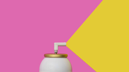 Blank white copy space spray can on a pink background spraying yellow aerosol. Advertising mock-up...