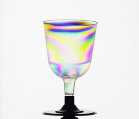 Transparent plastic cup, rainbow colored by photo elasticity isolated on white background. Synthwave  polarized modern futuristic look.
