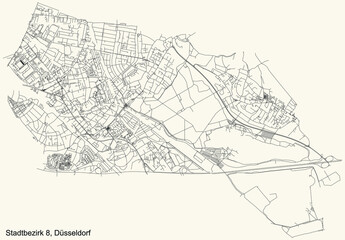 Black simple detailed street roads map on vintage beige background of the quarter Stadtbezirk 8 district of Düsseldorf, Germany