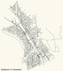 Black simple detailed street roads map on vintage beige background of the quarter Stadtbezirk 10 district of Düsseldorf, Germany