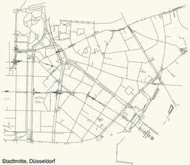 Black simple detailed street roads map on vintage beige background of the quarter Stadtmitte Stadtteil of Düsseldorf, Germany
