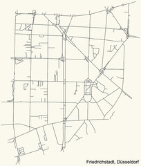 Black simple detailed street roads map on vintage beige background of the quarter Friedrichstadt Stadtteil of Düsseldorf, Germany