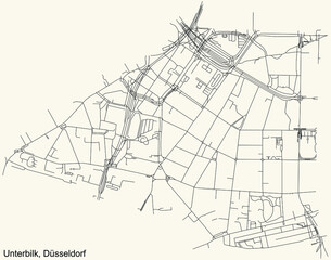 Fototapeta na wymiar Black simple detailed street roads map on vintage beige background of the quarter Unterbilk Stadtteil of Düsseldorf, Germany
