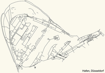 Black simple detailed street roads map on vintage beige background of the quarter Hafen Stadtteil of Düsseldorf, Germany