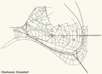 Black simple detailed street roads map on vintage beige background of the quarter Oberkassel Stadtteil of Düsseldorf, Germany
