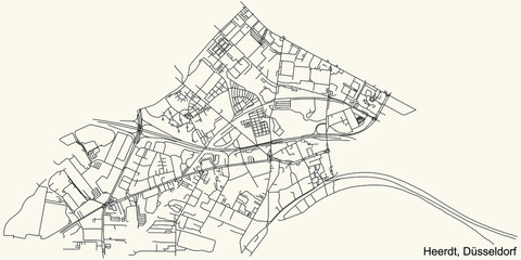 Black simple detailed street roads map on vintage beige background of the quarter Heerdt Stadtteil of Düsseldorf, Germany