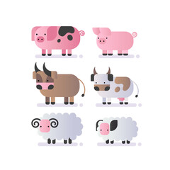 Set with farm animals: pig, cow, bull, sheep. Color vector illustration on white background.