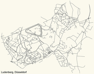 Black simple detailed street roads map on vintage beige background of the quarter Ludenberg Stadtteil of Düsseldorf, Germany