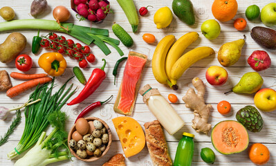 Healthy food background. Different fruits and vegetables. Top view.