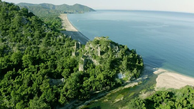 Aerial view of Ruins of Olympos, Olympus Ancient City. Cirali beach. Antalya, Turkey