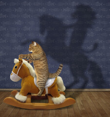 A beige cat is swinging on a soft toy rocking horse It throws a strange shadow on a wall of the...
