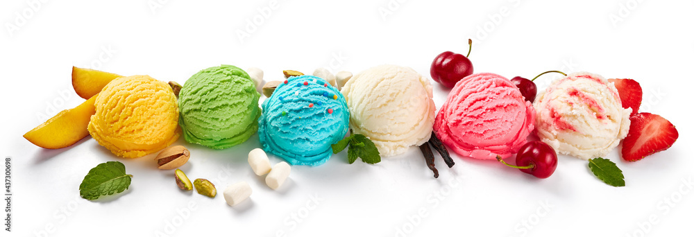 Aufkleber assorted of ice cream scoops on white background. colorful set of ice cream scoops of different flav