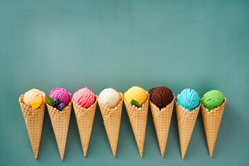 Assorted of ice cream in cones on blue background with copy space. Colorful set of ice cream of...