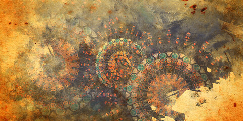 mandala colorful dark eyes vintage art, ancient Indian vedic background design, old painting texture with multiple mathematical shapes, unique grunge effects - obrazy, fototapety, plakaty