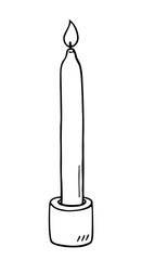 Long and thin burning candle in a candlestick isolated on white background. Vector illustration hand-drawn in doodle style. Suitable for cards, logo, decorations.