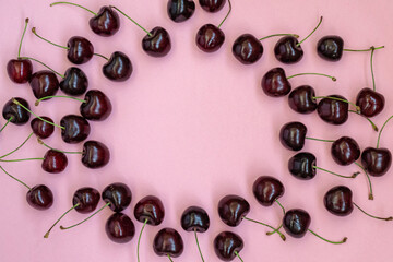 Red cherries on a pink background in the form of a round frame. Cherry background. Sweet cherry isolated on pink background cutout. Copy space.