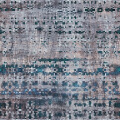 Seamless grungy tribal ethnic rug motif pattern. High quality illustration. Distressed old looking native style design in faded turquoise and gray colors. Old artisan textile seamless pattern.