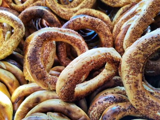 Sesame bagel. Bagels sold at the bakery. Fresh bagels.
