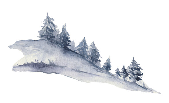A watercolor element of a fictional mountainside covered with coniferous trees. For decoration of design compositions on the theme of hiking, conquering peaks, tourism, wildlife.
