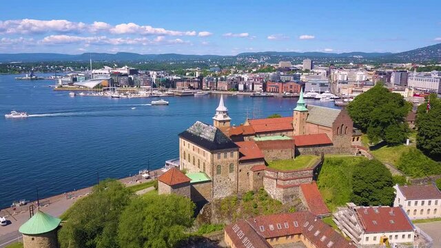 Akershus Fortress aerial panoramic view in Oslo, Norway. Akershus Festning is a medieval fortress that was built to protect Oslo.