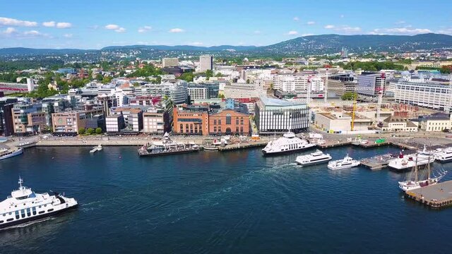 Oslo harbor at the Aker Brygge and Tjuvholmen neighbourhood aerial view in Oslo. Oslo is the capital of Norway.