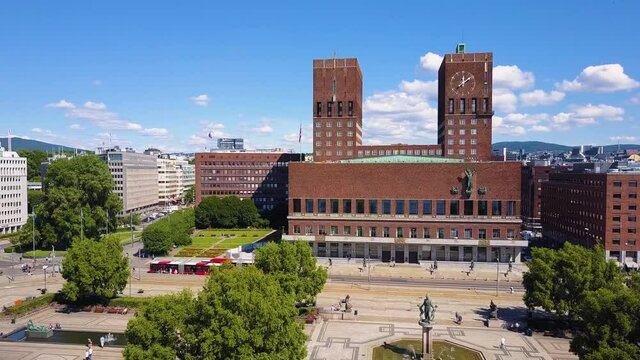 City Hall or Radhus aerial view in Oslo, Norway. Oslo City Hall is a municipal building, houses the Oslo city council.