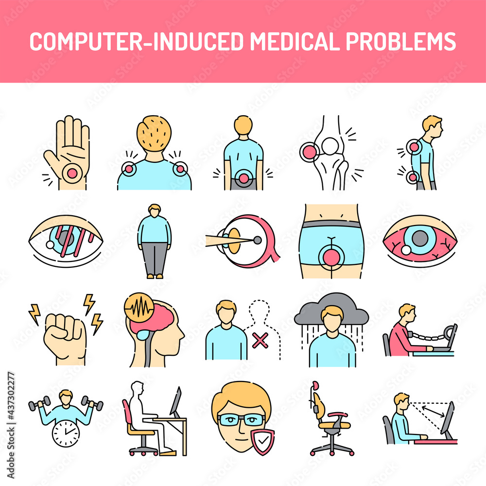 Poster computer-induced medical problems line icons set. isolated vector element.