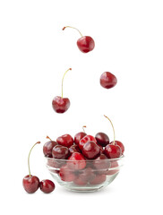 juicy cherries levitate in the air and fall into the plate. cherry isolated on white background
