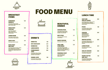 Restaurant cafe menu, template design.
Tabloid size one page food menu template.