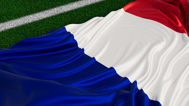 Flag of France on a Sports field. Grass Pitch with a French Flag. Euro 2020 Football Background.
