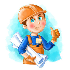 Children's illustration of a cartoon image of a builder, a man in the form of a builder, an engineer, in gloves with drawings, a builder of houses, with a paint brush, a helmet on his head for childre