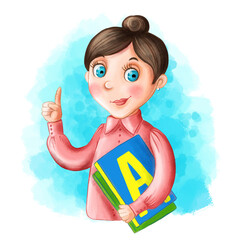 Children's illustration of a cartoon image of a teacher with books who teaches elementary school children, teaches mathematics and languages, in digital style for design