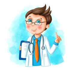 Children's illustration of a cartoon image of a doctor, a male doctor in a white uniform, a medical gown, glasses on his face, with a stethoscope and in his hands a folder for collecting an anamnesis  - obrazy, fototapety, plakaty