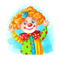 Children's illustration of a cartoon image of a clown, a cheerful clown in a bright costume and a wig, bright make-up on his face, congratulates on the holidays for children's design