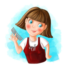 Children's illustration of a cartoon image of a hairdresser, a girl by profession a hairdresser, holding a comb, in an apron with hair cutting tools for children's design