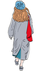 Vector drawing of casual young city girl with red bag walking outdoor