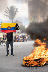 Bogota, Colombia, June 2, 2021 demonstration against government reforms and violence at monument of...